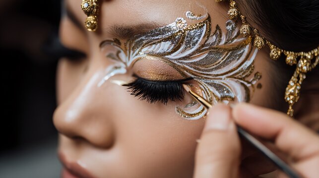 Beauty makeup art on a model's face close-up.