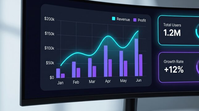 Financial performance dashboard on a curved computer monitor