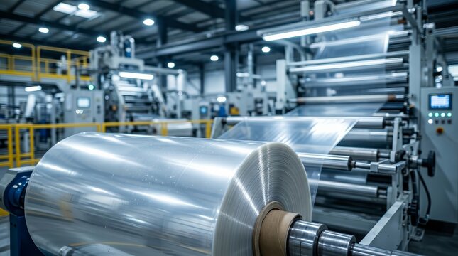 Industrial production process showing a large roll of transparent plastic film on machinery.