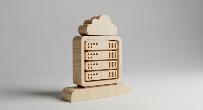 Wooden cloud server rack model, conceptual computing hardware, data storage icon, internet technology visualization, tactile illustration