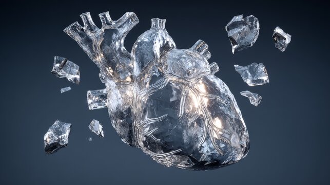 Anatomical human heart shaped ice object, cracked diagonally with light penetrating through fractures, floating shards captured in mid-air motion