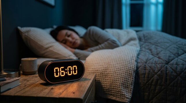 A person sleeping peacefully under a blanket while a digital alarm clock shows six o'clock.