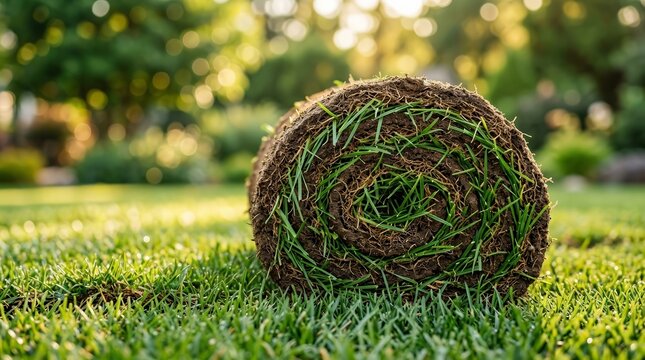 Vibrant green natural grass turf roll showcasing texture for outdoor landscaping preparation.