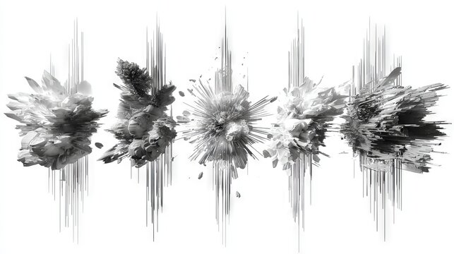 Explosion sequence of grayscale vector shapes, captured in motion with burst lines and fading opacity fragments for each figure