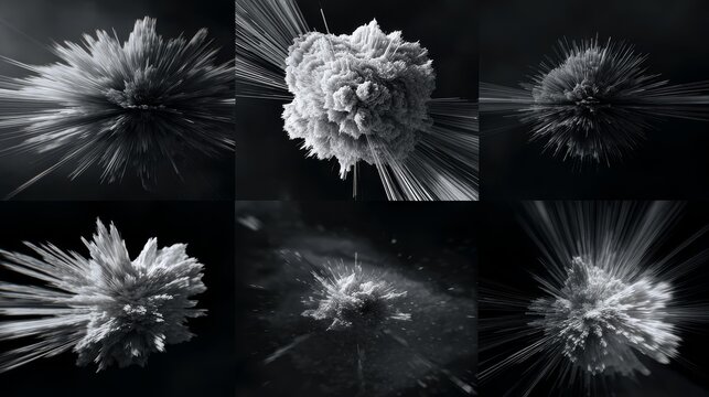 Explosion sequence of grayscale vector shapes, captured in motion with burst lines and fading opacity fragments for each figure