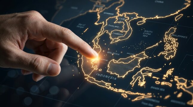 Digital map of Southeast Asia showing glowing geographic details as a hand points to it.