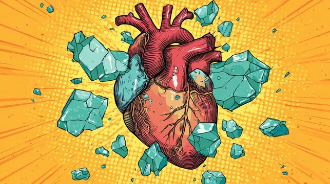Cartoon vector heart bursting into glass-like shards, classic pop art tone with gradient dots and radial background