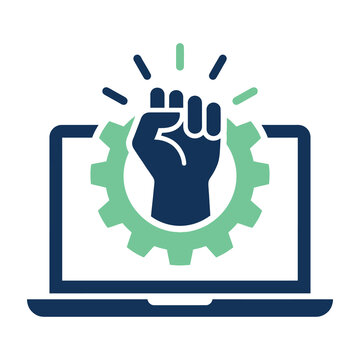 Laptop icon with a raised fist and gear symbol representing digital empowerment