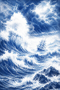 A majestic ukiyo-e inspired seascape featuring towering waves beneath a glowing full moon, with Mount Fuji in the distance, rendered in intricate Japanese woodblock style.