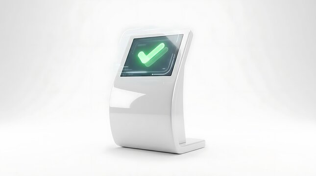 White digital kiosk with green checkmark screen.