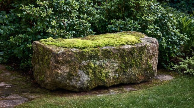 Decorative garden stone covered in moss, front-view with subtle shading and realistic texture blending green and gray hues