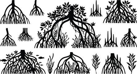 Fototapeta premium Mangrove tree prop root systems and pneumatophores silhouette vector set