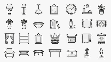 Fototapeta premium Modern Minimalist Black and White Line Icons Set of Home and Decor Items for Web Design and Illustrations