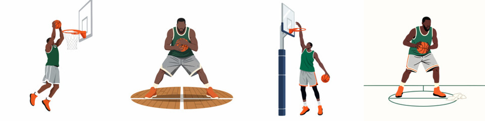 Set of four flat vector illustrations of a black male basketball player in action, including dunking, dribbling, and holding a ball on court. © Muqodimatul