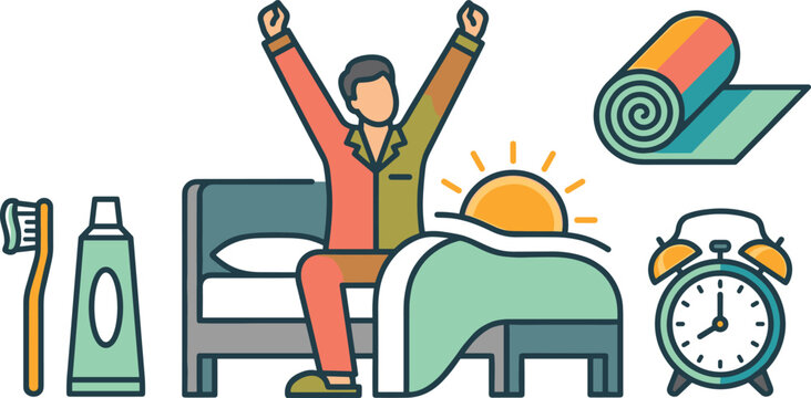 Healthy morning routine flat vector illustration featuring man stretching in bed, alarm clock, yoga mat and toothbrush