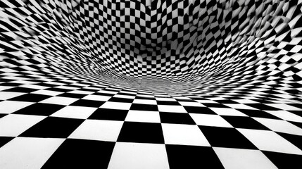 Naklejka premium Black and white checkerboard surface twisted into a wave pattern, creating an optical illusion effect