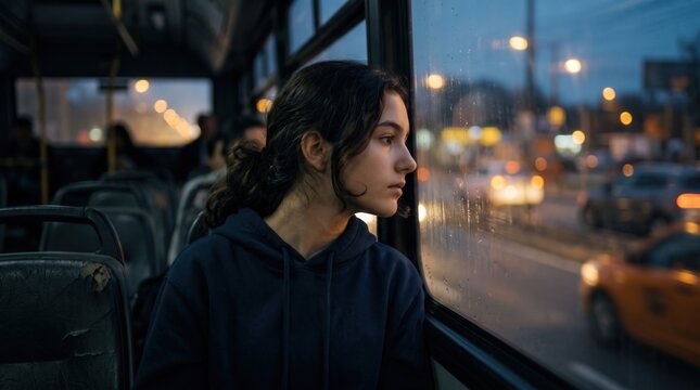 Pensive young female student commuting on public transport bus looking out window at evening city lights for urban lifestyle storytelling