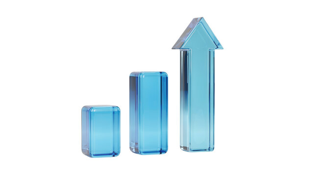 Blue glass bar chart arrow isolated on transparent background