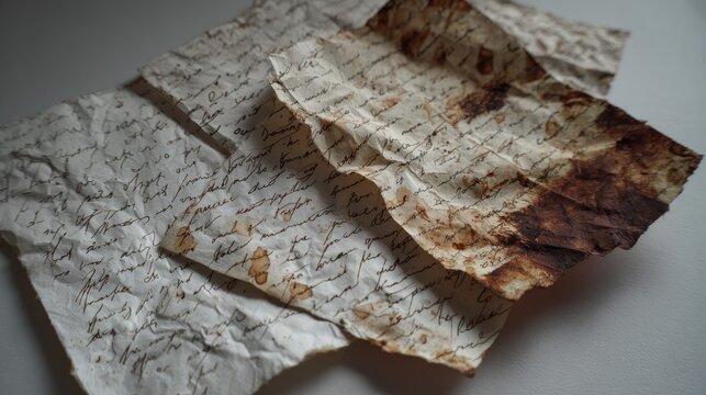 Flat lay of failed handwritten notes turned into wastepaper, ink smudges visible, folded and wrinkled texture