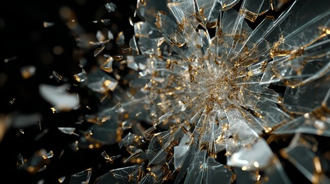3D illustration of transparent glass pane exploding outward with sharp shards flying in all directions, set against black background for drama