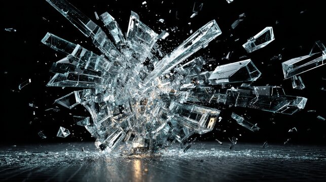 3D illustration of transparent glass pane exploding outward with sharp shards flying in all directions, set against black background for drama