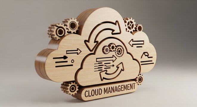 Wooden Cloud Management Illustration With Gears And Arrows. Business Icon Concept For Data Processing, Workflow Automation And Technology Strategy On Light Grey Background.