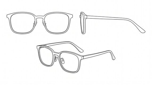 Eyeglasses Technical Drawing Set, Front Side and Perspective Views, Linear Outline Illustration