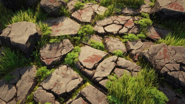 Game art-style scattered stone assets with exaggerated cracks, moss details, and a slight 3D depth in cartoon form
