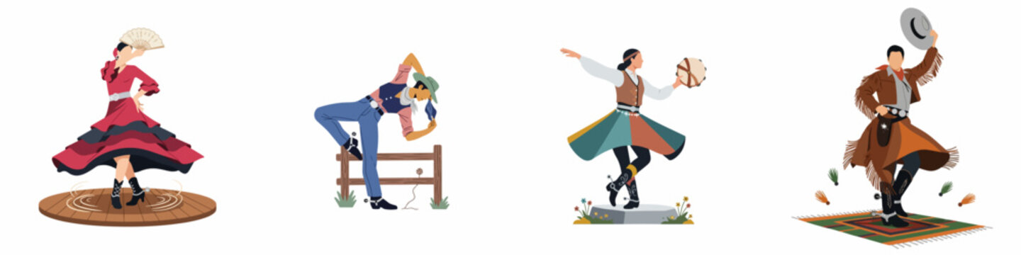 Set of four illustrations showing diverse characters in traditional costumes and poses, representing various cultural folk dances and historical ethnic attire.
