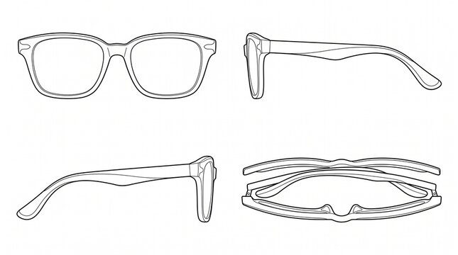 Eyeglasses Outline Vector Set - Front Side and Top View Glasses Frames
