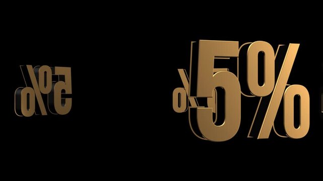 Luxury 3D Gold 5 Percent Symbol Animated with Metallic Reflection Rotating Loop on Black Background 4K