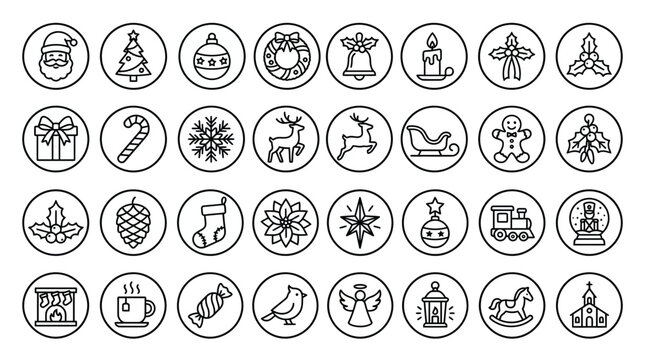 Thin line holiday icon set featuring festive winter symbols