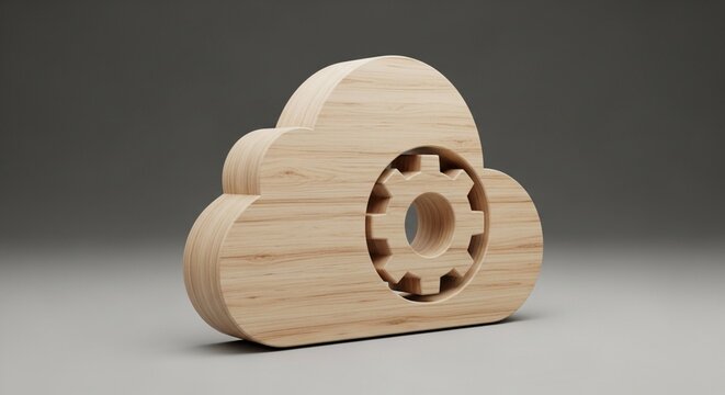 Wooden cloud with gear mechanism, light wood cloud icon with cog, technology illustration, concept of digital storage and synchronization