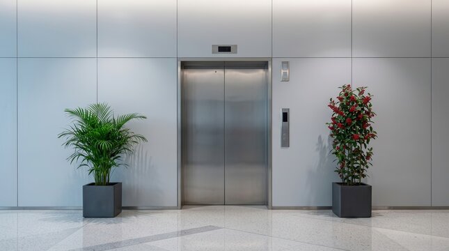 A modern elevator with stainless steel doors flanked by two potted plants.