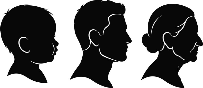 Profile silhouette set representing human life stages and generations featuring a baby, adult man, and elderly woman