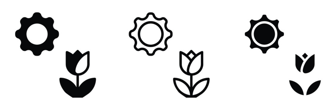 WebSun and flower vector icon set, spring tulip symbol for summer season weather forecast warm climate nature environment growth garden agriculture farming plant botany, flat linear outline style