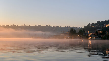 Naklejka premium Misty Summer Morning Over Lake Union with Soft Haze Settling on the Water
