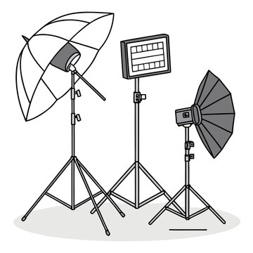 Monochrome studio lighting set with umbrella and light panels lighting photography equipment