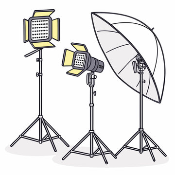 Professional studio lighting equipment set with umbrella and panels lighting photography