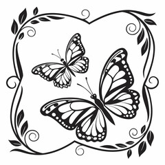 Fototapeta premium Two monarch butterflies inside decorative swirl leaf frame with butterfly, illustration