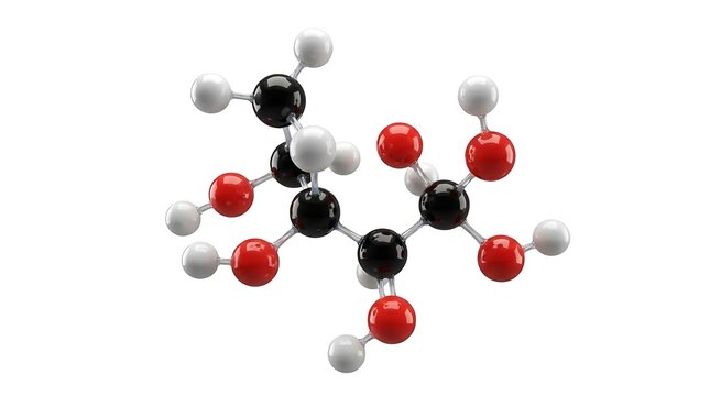 Scientific molecular model with red black and white atoms.