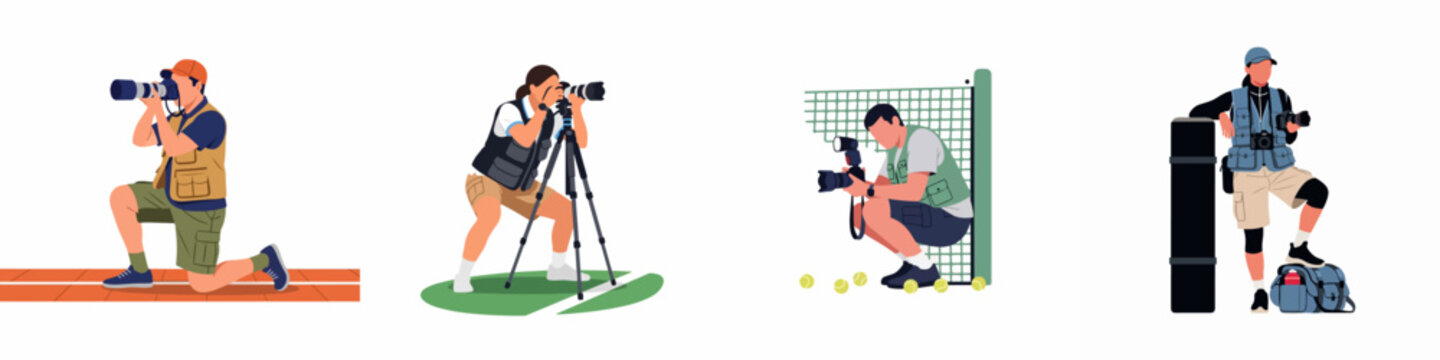 Set of flat vector illustrations depicting professional sports photographers with cameras and equipment on various athletic fields and courts.