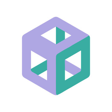 Cube icon illustrates a geometric three dimensional frame structure with intersecting planar sides.