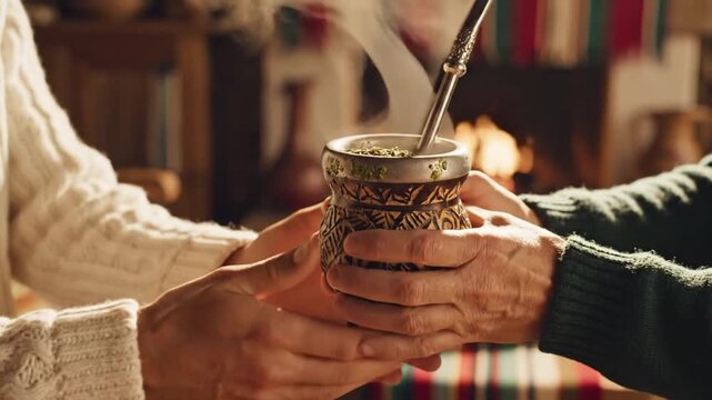 Person holding hot mate drink by a cozy fireplace