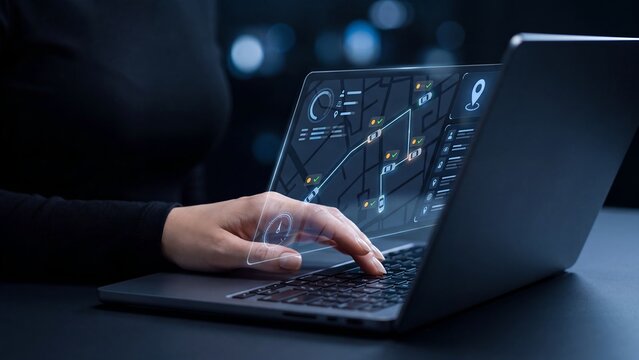 Fleet tracking management dashboard, professional using laptop with live GPS map, vehicle locations, route indicators and real-time monitoring for logistics and dispatch control