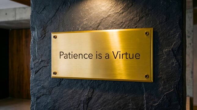 Brass Plate Sign with Quote About Patience on a Textured Slate Wall