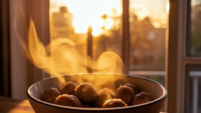 Steaming meatballs sit in a bowl, warm golden sunlight behind them