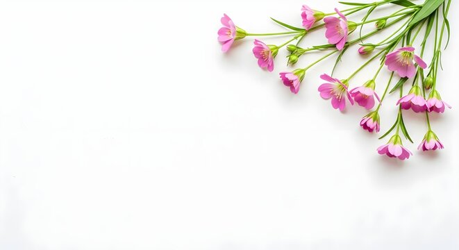Delicate pink campion flowers arranged in a beautiful corner composition on a clean white surface capturing soft natural light and simple botanical elegance for spring