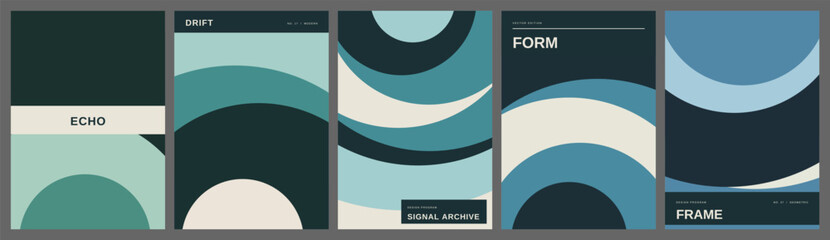 Set of five minimal abstract art posters featuring curved lines, geometric shapes, and typography in blue and teal tones © Jewel
