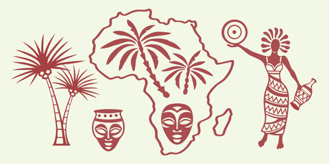 African Themed Illustration With Continent Map Masks And Palm Trees © Kabita